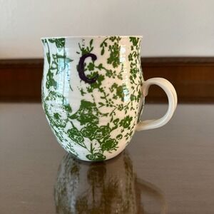 Anthropologie Monogram Initial C Mug Homegrown Green White Floral 16 oz